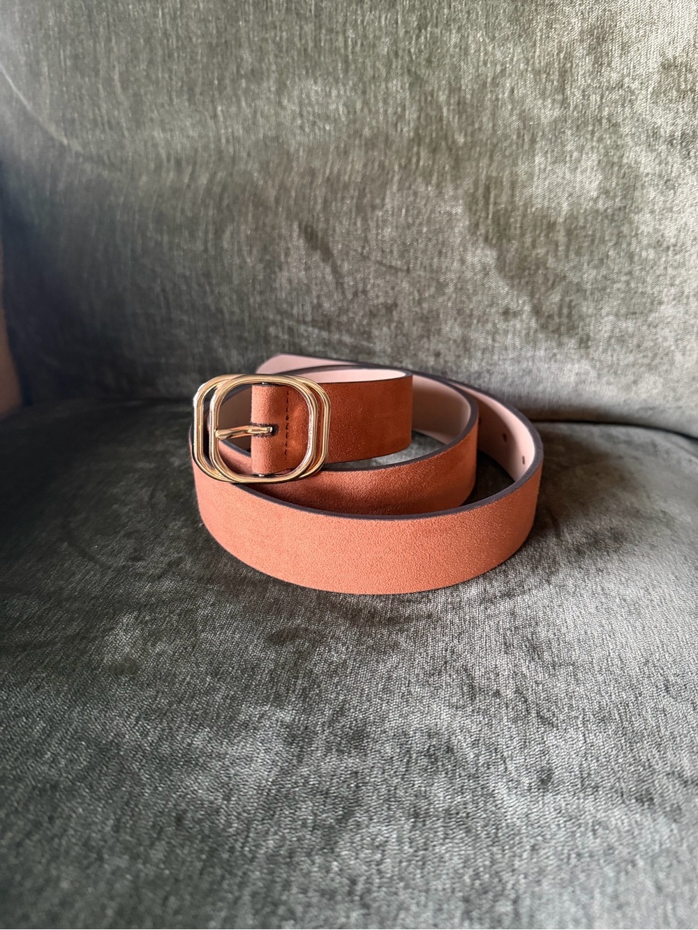 Suede Leather Women's Belt with Gold Double-Ring Buckle - Coral